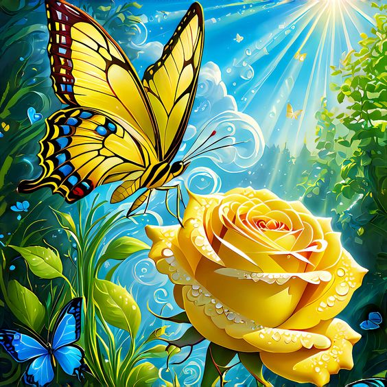 Butterflies Dance Around a Yellow Rose