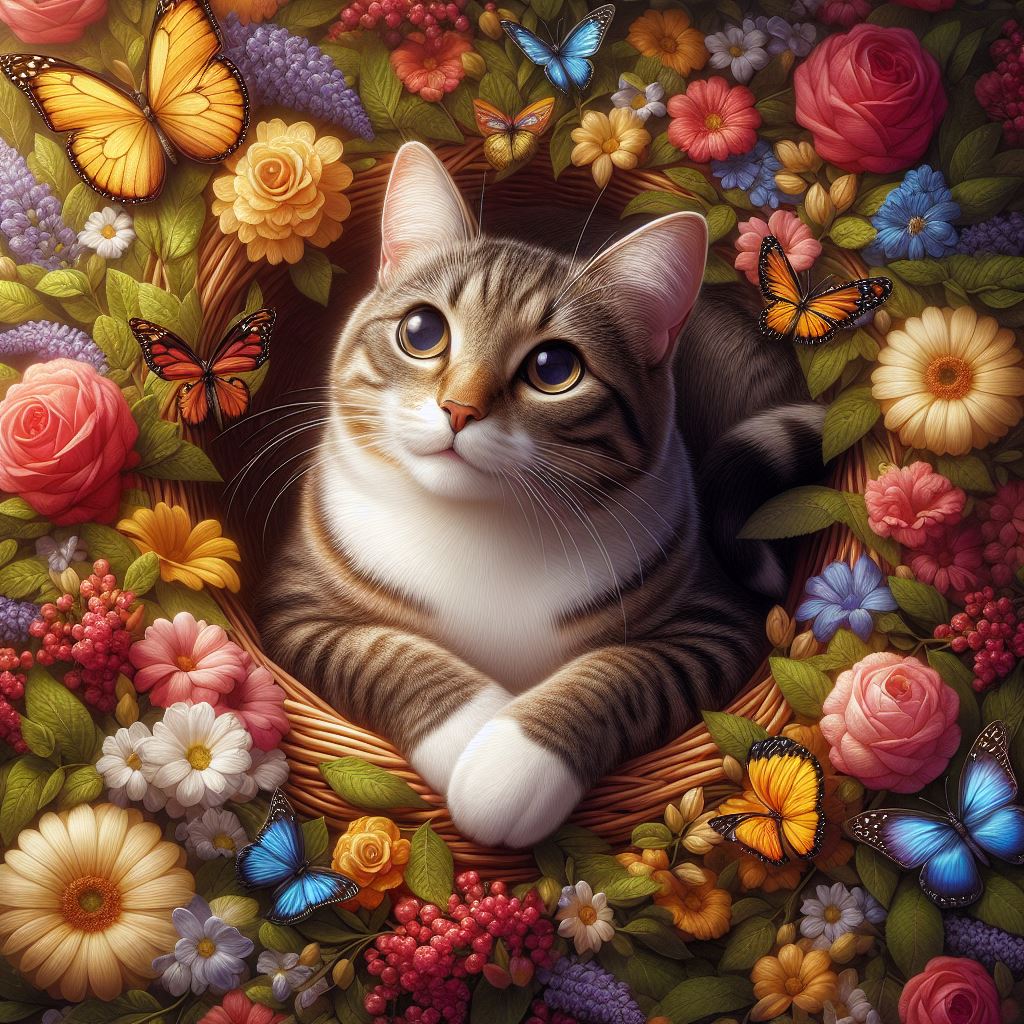 Cat Surrounded by Flowers & Butterflies