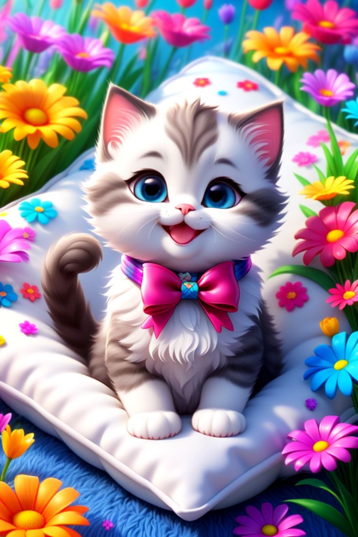 Cute Cat in Brightness Flower Blends