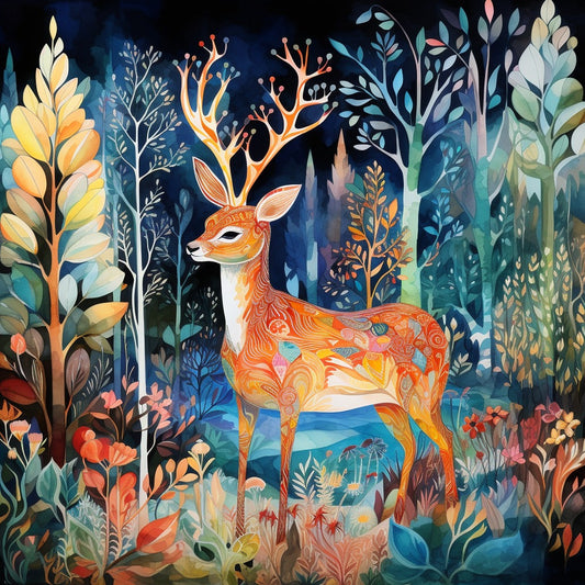 A dear standing in a forest painting by Diamond