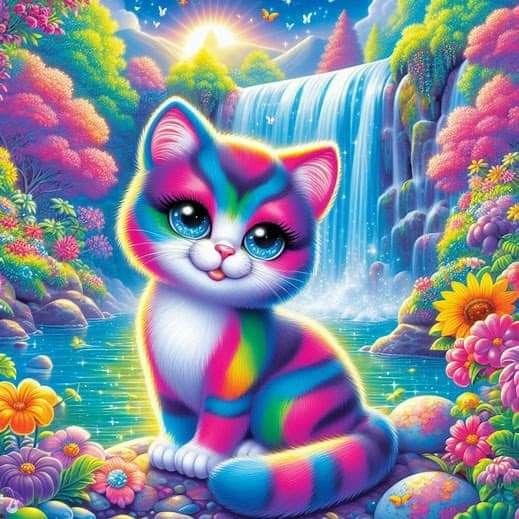 Rainbow Kitten with Flowers and Waterfall