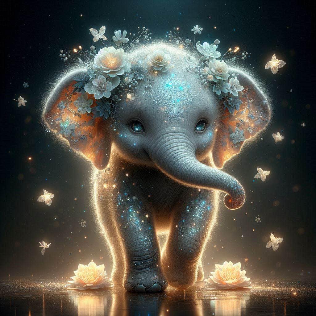 Stunning Baby Elephant With Shining Flowers