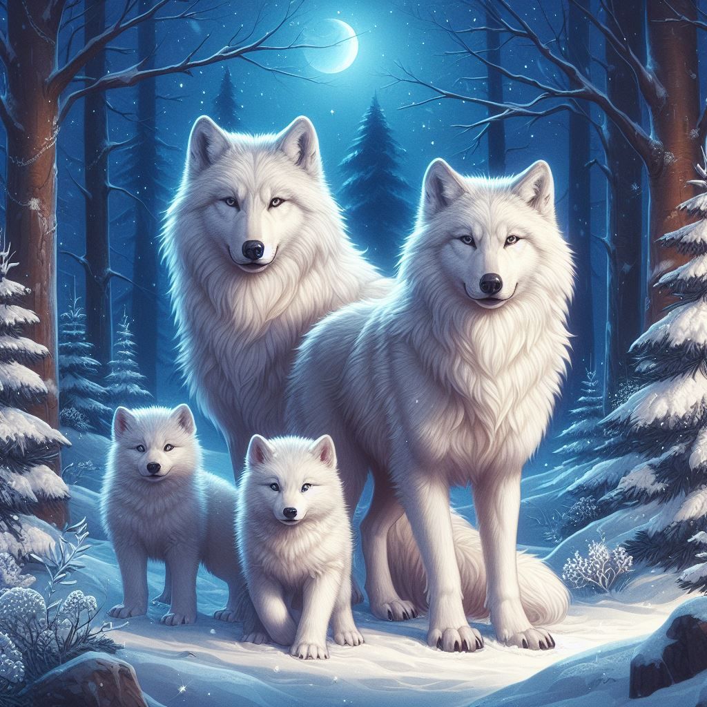 White Wovleswith Cubs in Snowy Night