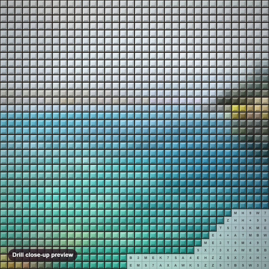 Close-up preview of the Big Bear Lake diamond painting with square 5D drills and printed canvas symbols