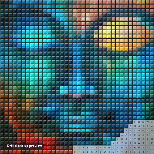 Close-up preview of the Buddha diamond painting with square 5D drills and printed canvas symbols