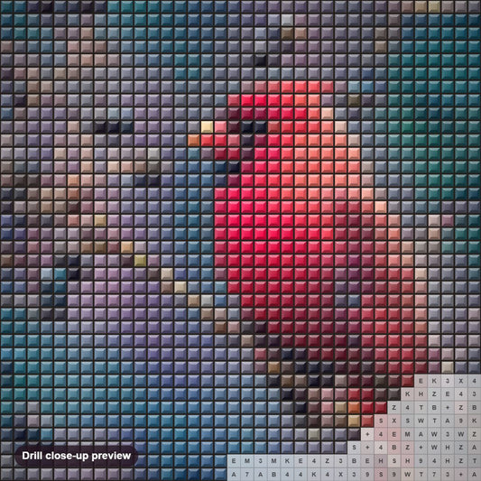 Close-up preview of the Cardinal And Berriers diamond painting with square 5D drills and printed canvas symbols