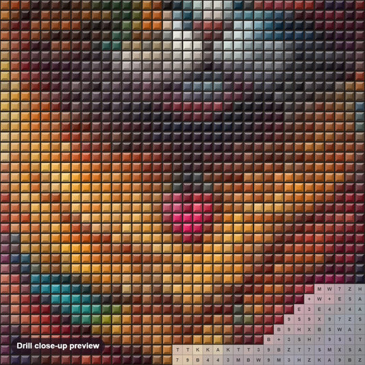 Close-up preview of the Charming Colorful Cat diamond painting with square 5D drills and printed canvas symbols