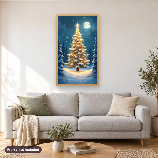 Christmas Tree with Full Moon diamond painting shown framed on a living room wall above a sofa
