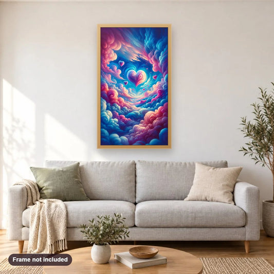 Clouds Forming a Heart on Valentine's Day diamond painting shown framed on a living room wall above a sofa