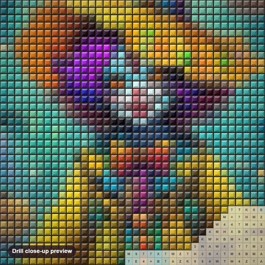Close-up preview of the Clown in Yellow Jacket diamond painting with square 5D drills and printed canvas symbols