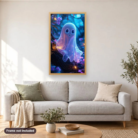 Cute Ghost Halloween Concept diamond painting shown framed on a living room wall above a sofa