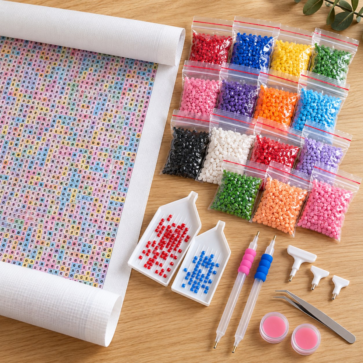 What is included in an All Diamond Painting kit: velvet canvas with printed symbols, bags of resin diamond drills, 2 drill trays, 2 pens, multi-placer, tweezers and wax