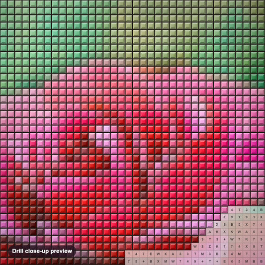 Close-up preview of the Exquite Pink Rose diamond painting with square 5D drills and printed canvas symbols