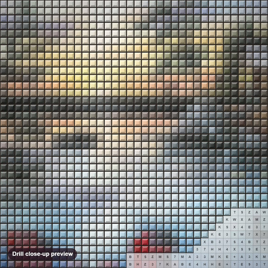 Close-up preview of the Lakeside Retreat diamond painting with square 5D drills and printed canvas symbols