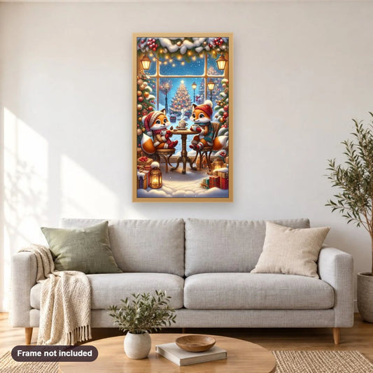 Red Foxes Sitting in Front of Christmas Tree diamond painting shown framed on a living room wall above a sofa