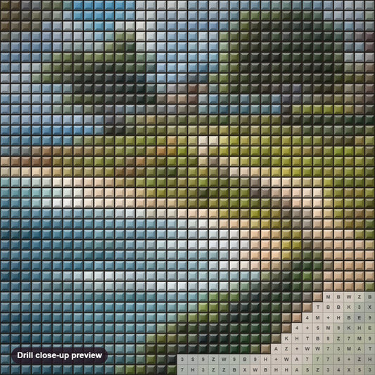 Close-up preview of the Sandy Trail to Oceanfront Living diamond painting with square 5D drills and printed canvas symbols