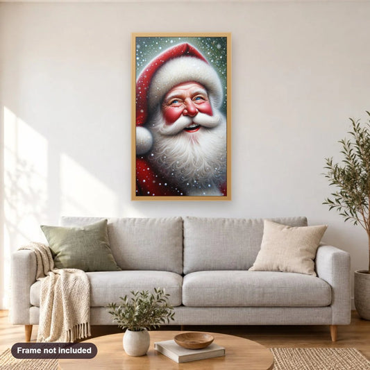 Santa’s Cheer Jolly Vibes diamond painting shown framed on a living room wall above a sofa
