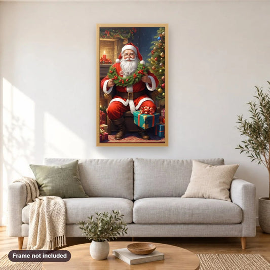 Santa with Christmas Tree & Gifts diamond painting shown framed on a living room wall above a sofa