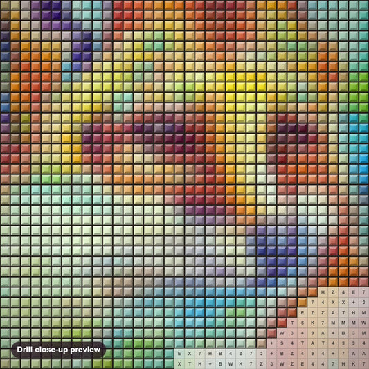 Close-up preview of the Smiling Fox diamond painting with square 5D drills and printed canvas symbols