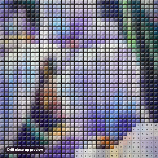 Close-up preview of the Violet Iris diamond painting with square 5D drills and printed canvas symbols