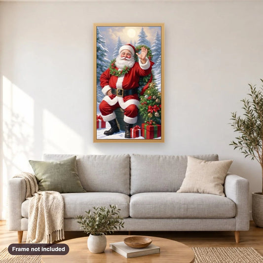 Waiting for Christmas diamond painting shown framed on a living room wall above a sofa