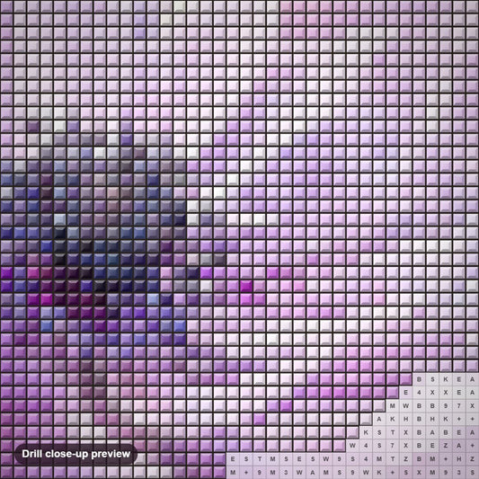 Close-up preview of the Wispy Purple Anemone diamond painting with square 5D drills and printed canvas symbols