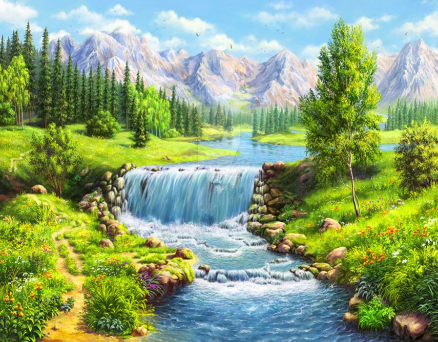Diamond Painting Finished Completed 3D Wall Art Mountain Range Waterfall