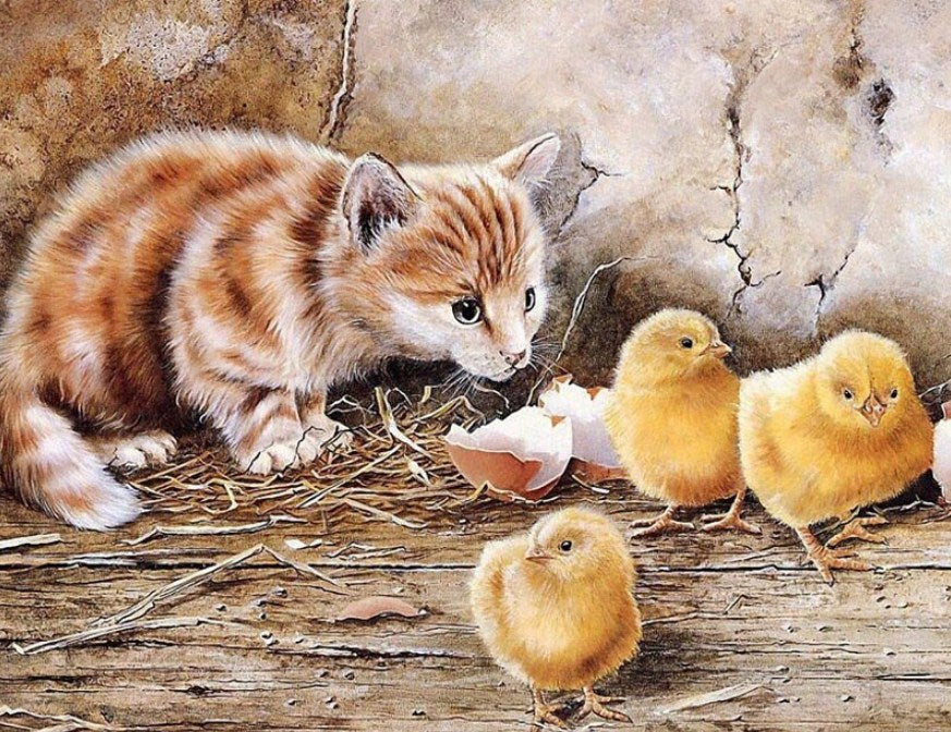 Cat & Chicks Diamond Painting Kit