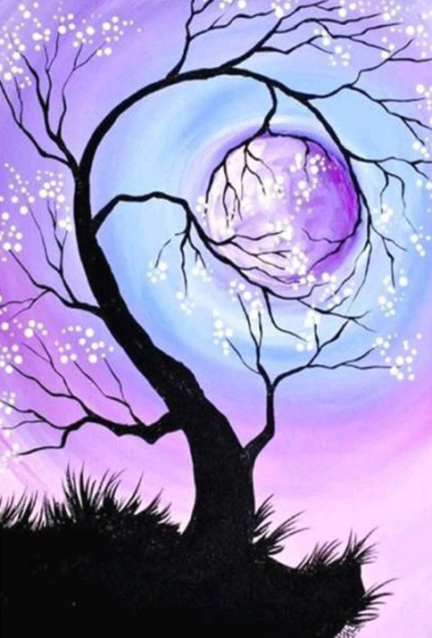 DIY Diamond painting. Large Blooming Purple Cherry Tree. Round drill, 3 kit  sizes to pick from.