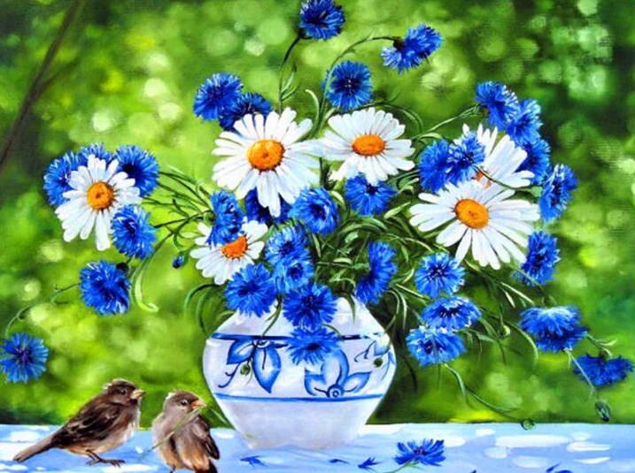 Cornflower Daisies & Sparrows Diamond Painting
