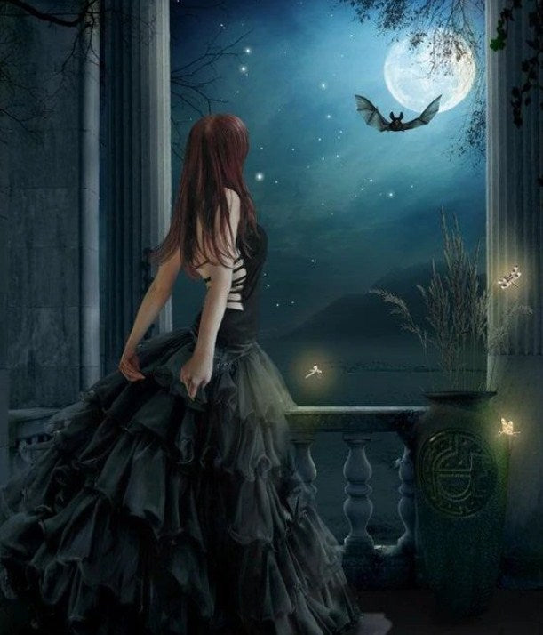 Girl in Black Starring Moon Diamond Painting