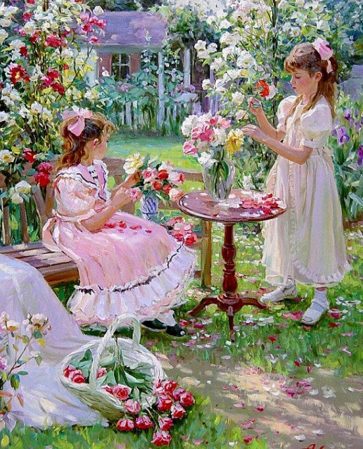 Girls Plucking Flowers Paint by Diamonds
