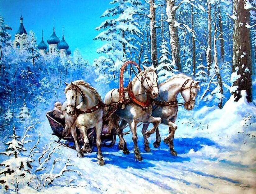 Horses Carrying a Cart in Snow