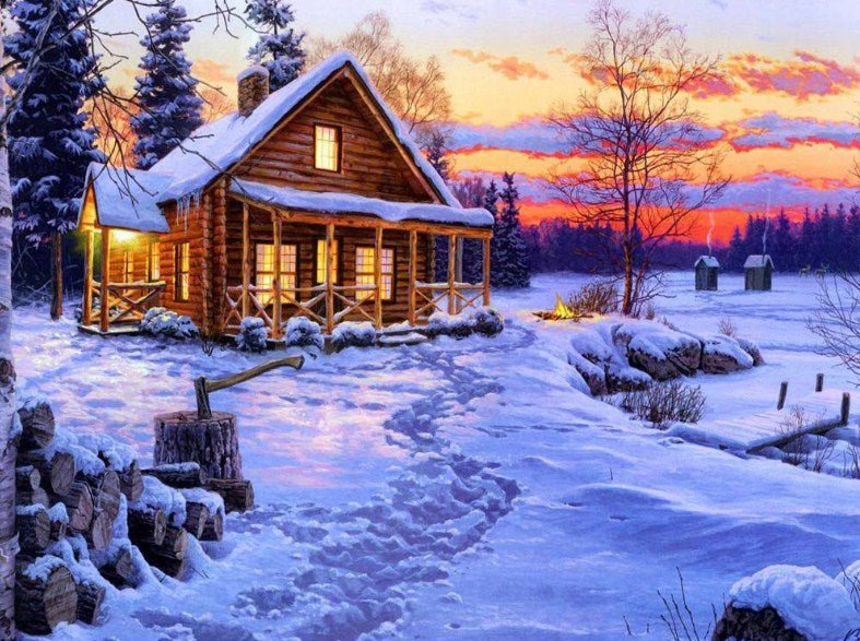 Log Cabin in Snow Diamond Painting Kit