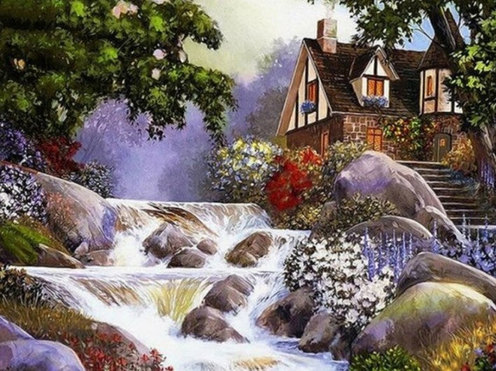 Waterfall & Beautiful House Diamond Painting