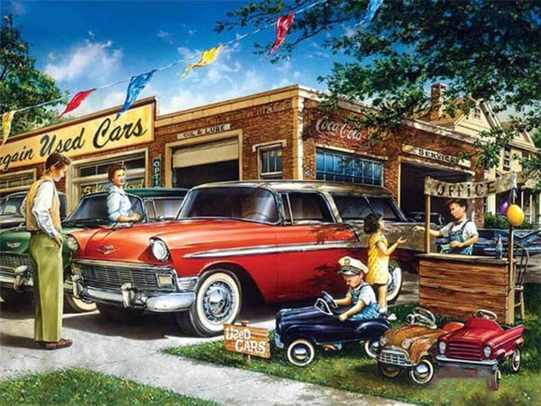 Family with red Chevrolet - Diamond painting - 50x70cm /