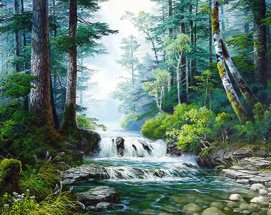 Forest waterfall diamond painting kit, a popular gift for beginners