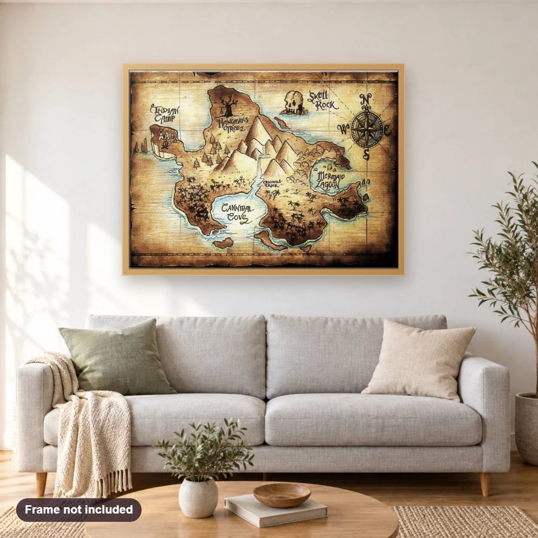 5D DIY Vintage World Map diamond painting shown framed on a living room wall above a sofa