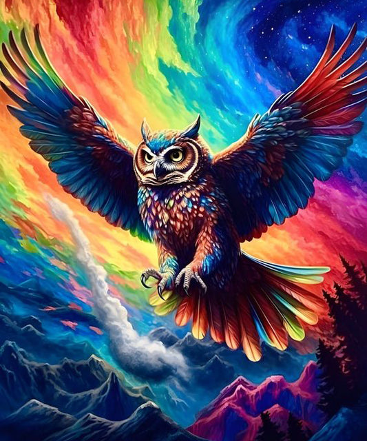 A Rainbow Owl in Mid-Air