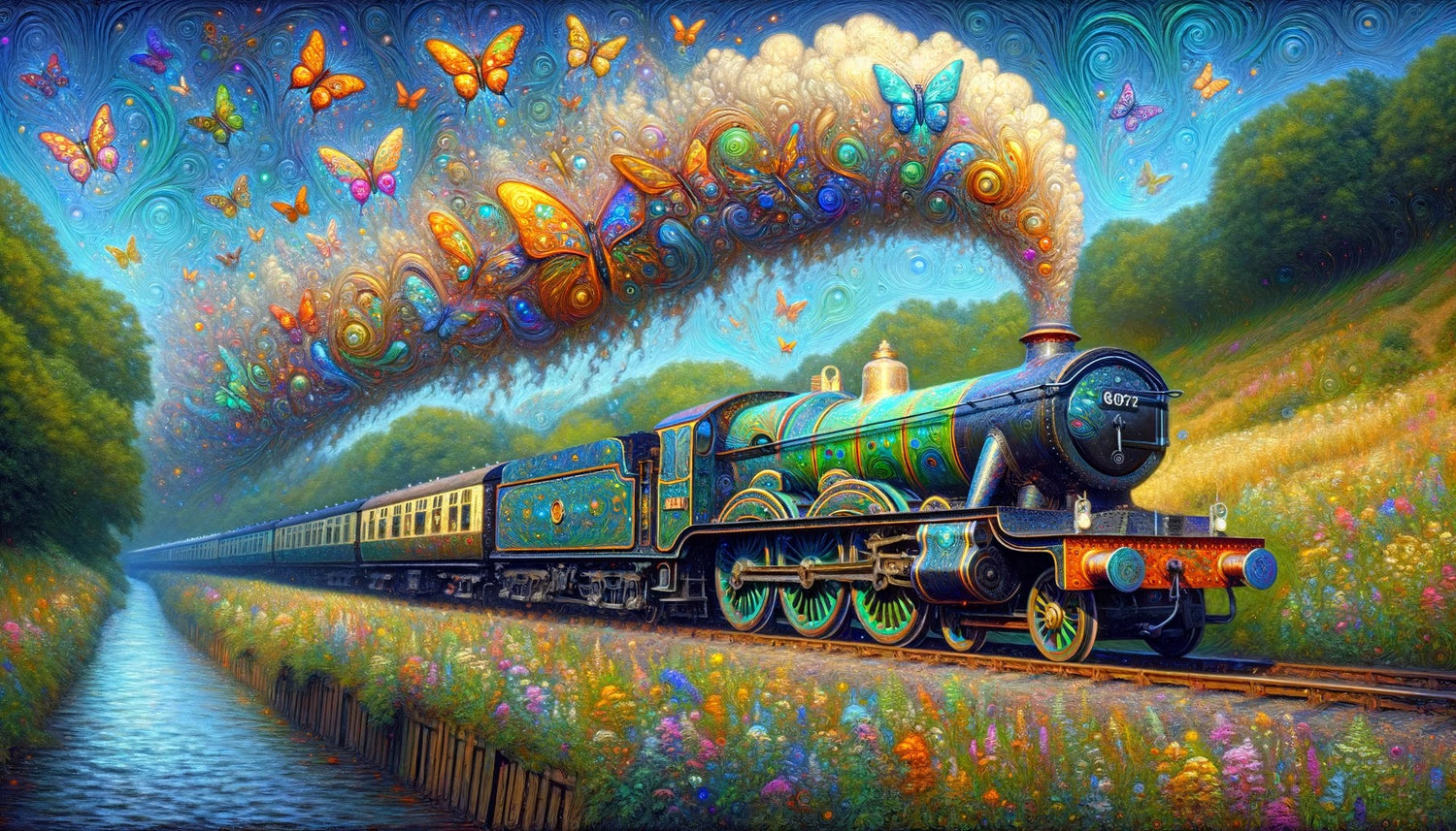 A Train_s Journey by the River of Flowers and Butterflies