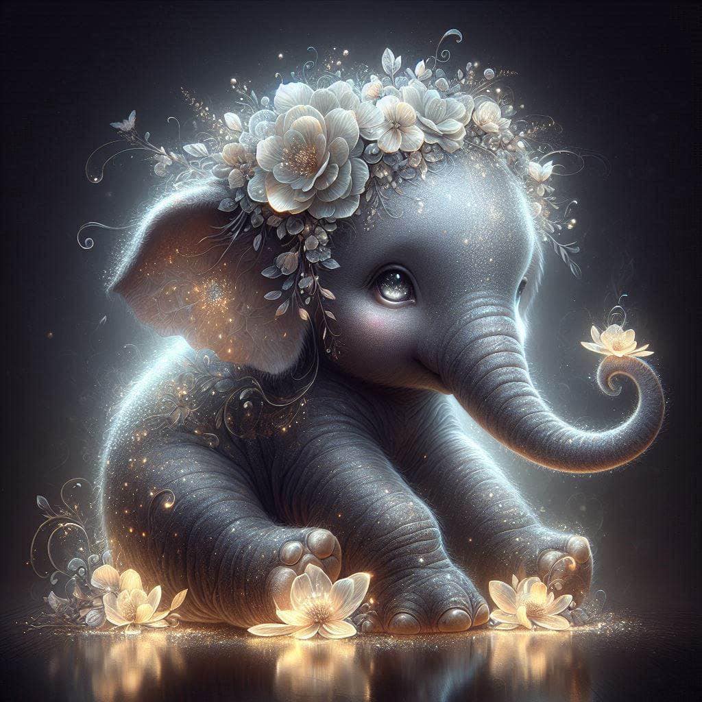 Baby Elephant Adorned With Glowing Flowers 