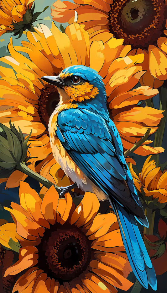 Blue Bird Among Sunflowers