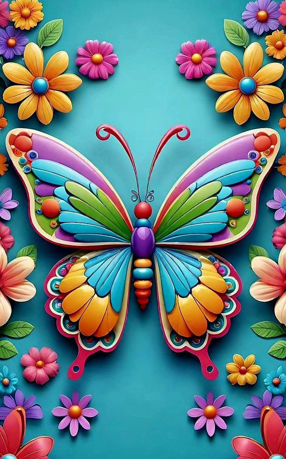 Brightly Colored Butterfly & flowers