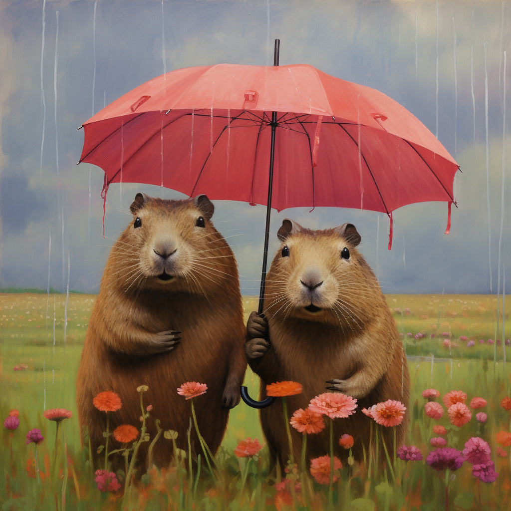 Capybara Pair Enjoying Rain