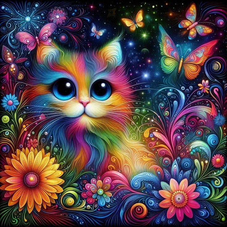 Cat Face with Colorful Flowers & Butterflies