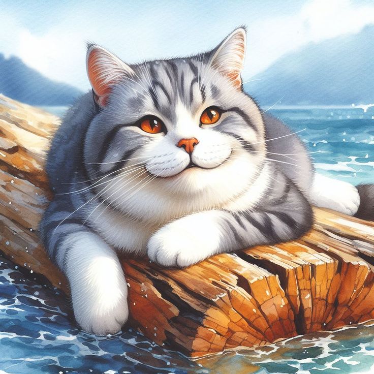 Cat Perched on Wood Adrift 