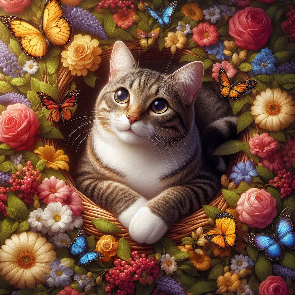 Cat Surrounded by Flowers & Butterflies 