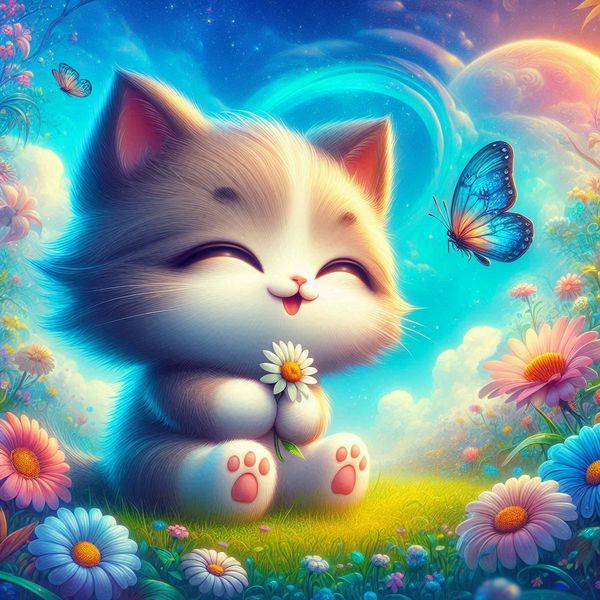 Cat With Eyes Closed Holding a Flower