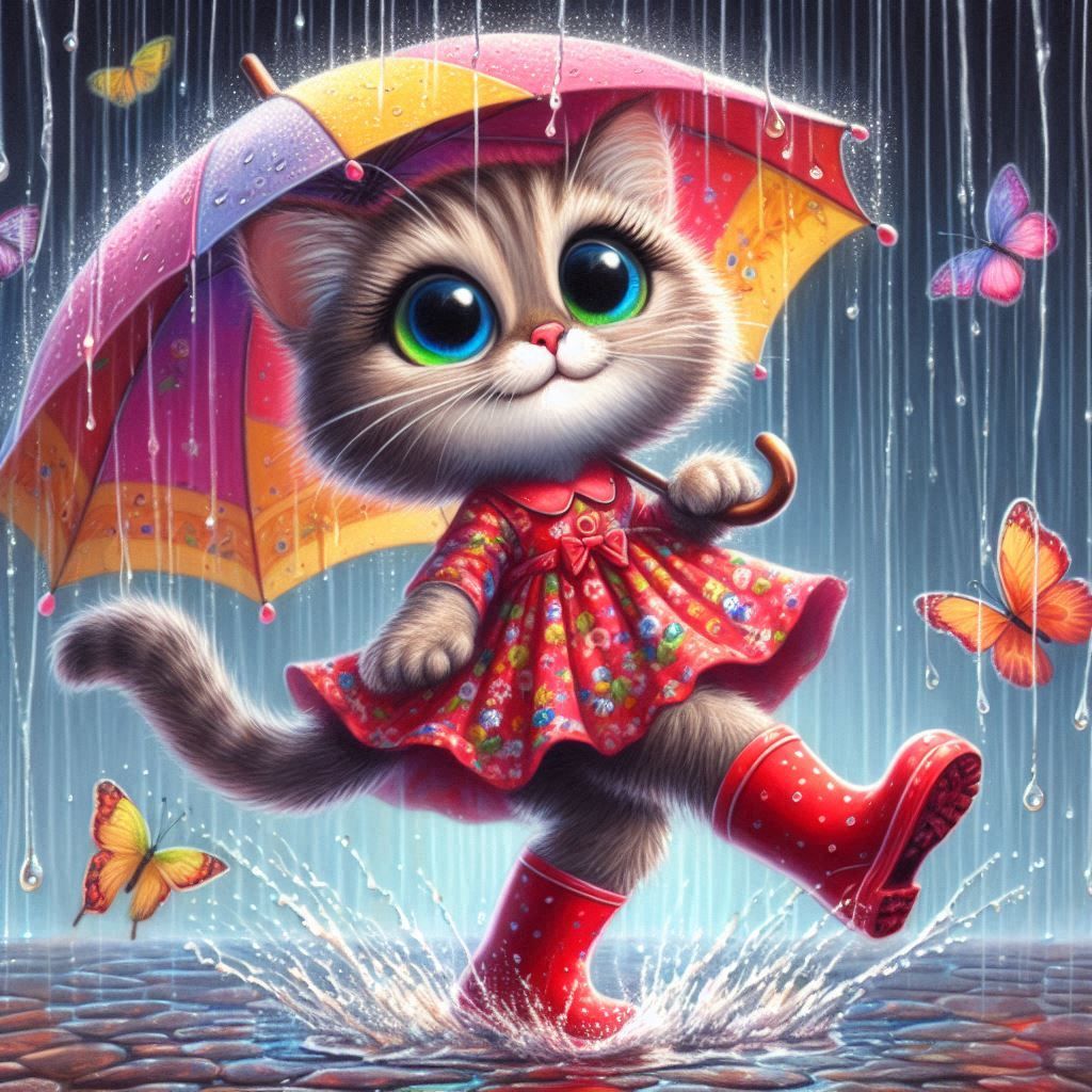 Cat With Umbrella In Rainy Day