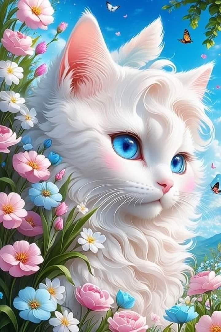 Cat with Sapphire Eyes Among Flowers 